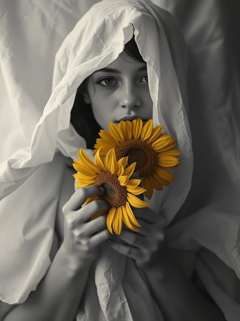 Woman with Sunflower in Impressionistic Grayscale
