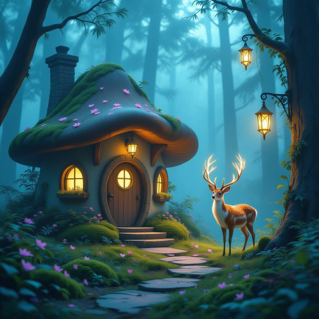 Mushroom Cottage in Bioluminescent Forest, Dreamy Render