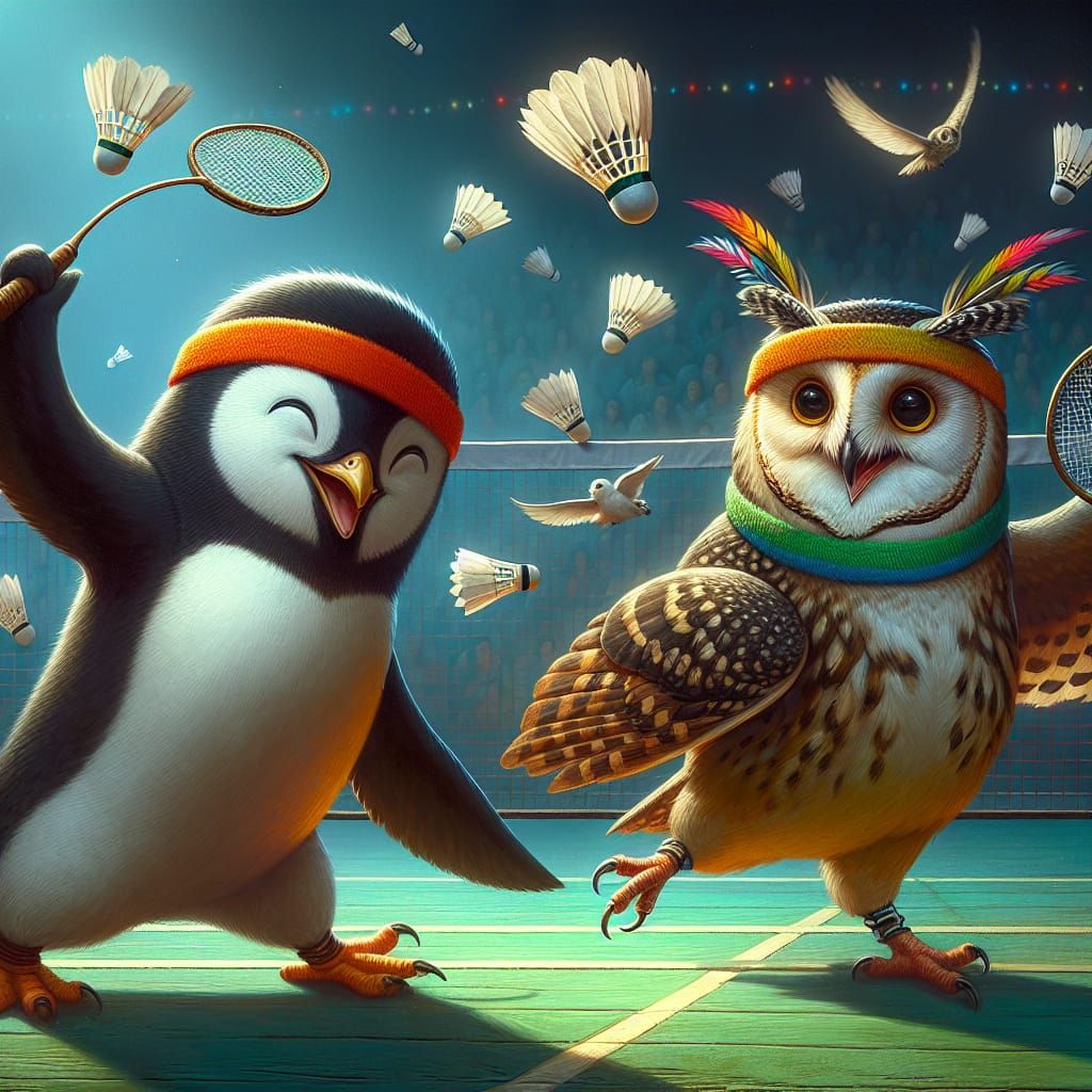 Penguin and Owl Play Badminton: Fantasy Concept Art