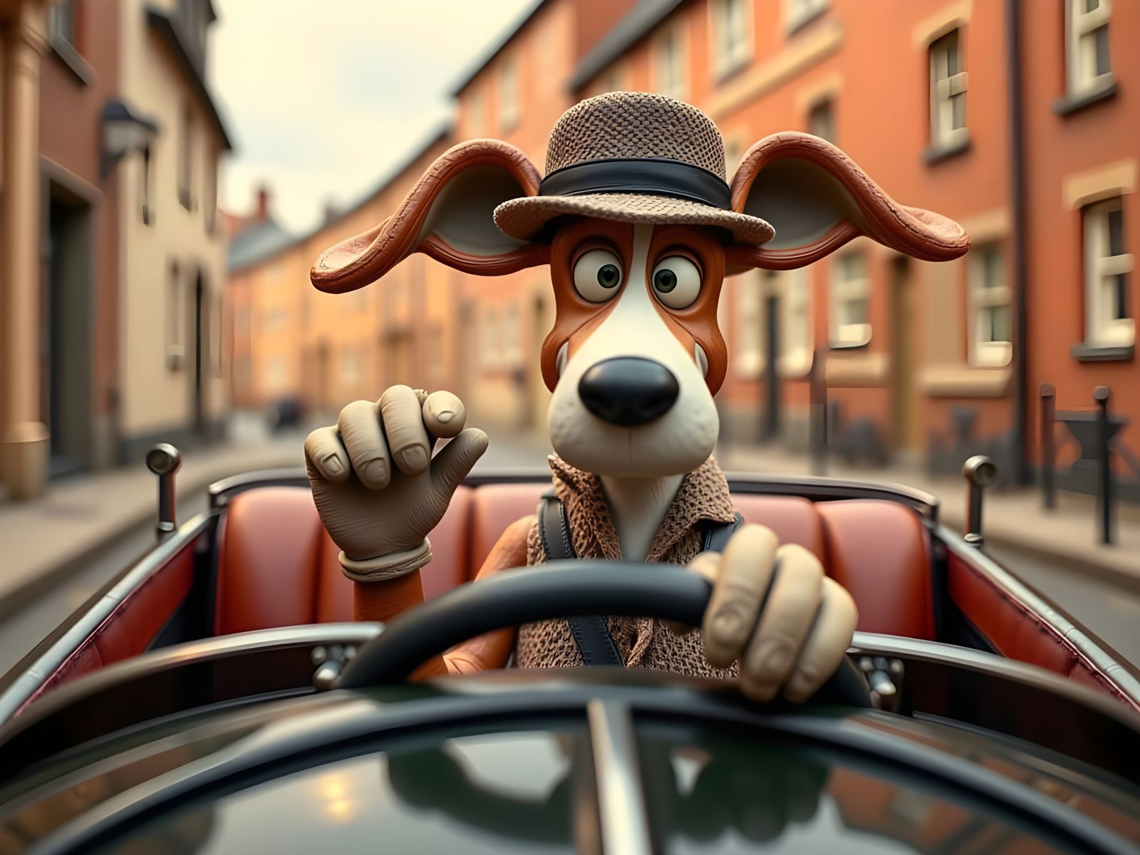 Claymation Dog Driving Vintage Car