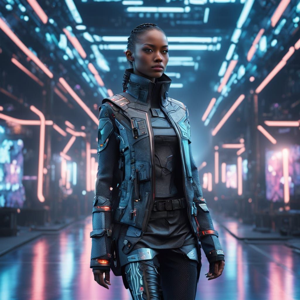 Glamorous Cyberpunk Fashion Model Struts Down Futuristic Run...