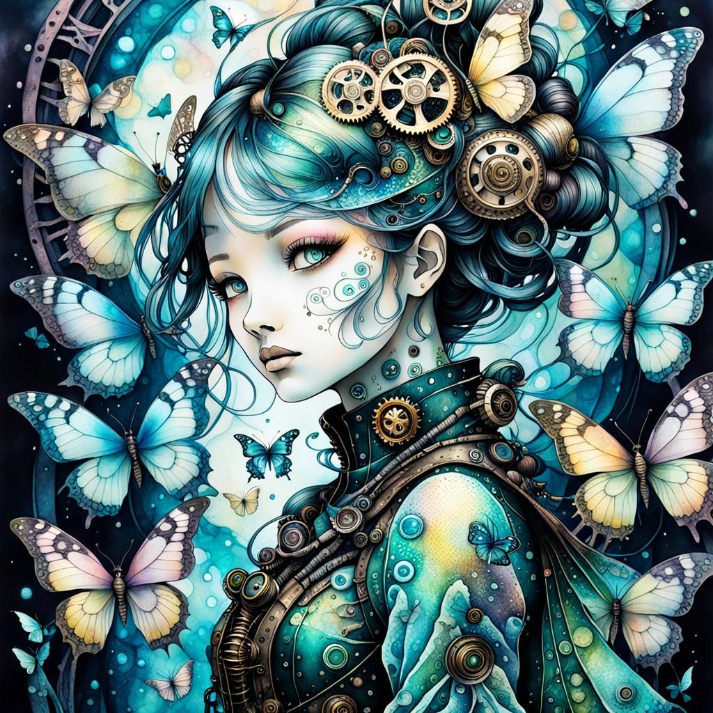 Steampunk Girl in Alcohol Ink Style