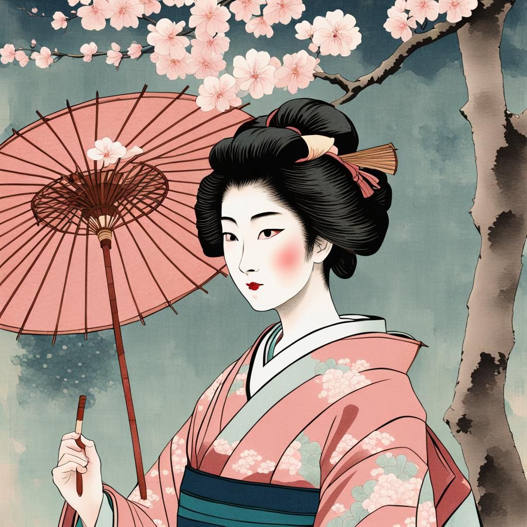 Geisha in Serene Garden, Ukiyo-e Woodblock Print