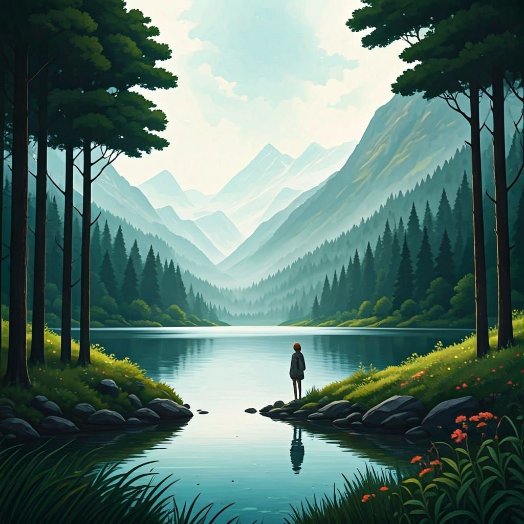 Misty Lake Figure in Watercolor Painting Style