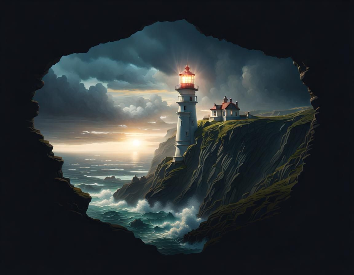 Epic Lighthouse on Cliffside Digital Painting