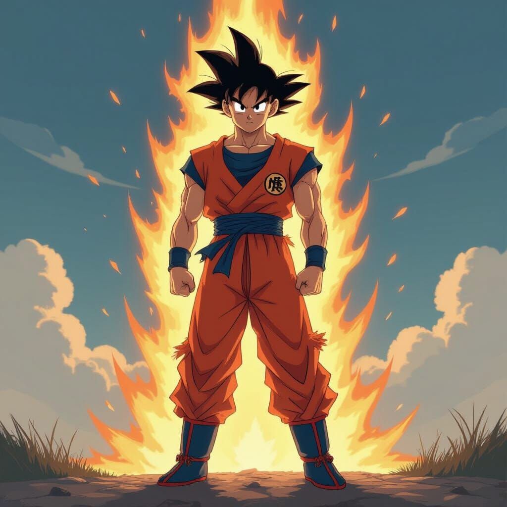 Goku in Heroic Pose with Energetic Aura