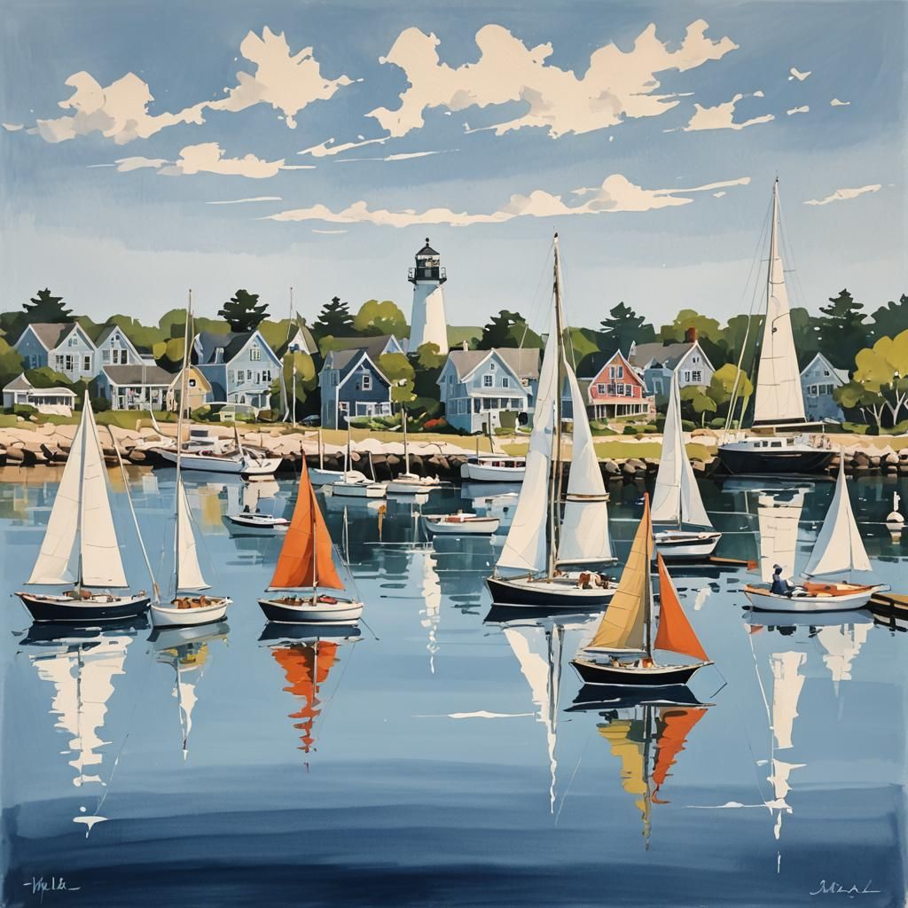Elegant Cape Cod Coastal Painting in Gouache Style