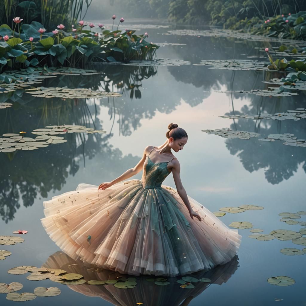 Ballerina Double Exposure with Foggy Dawn River