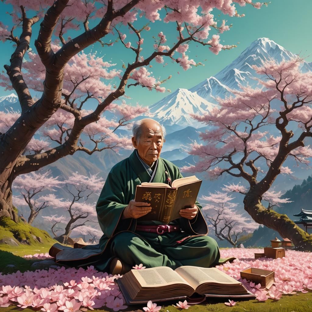 Old Man Reading Under Giant Cherry Blossom