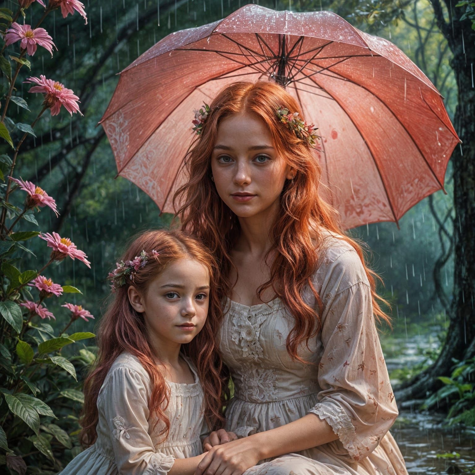 Children Under Red Umbrella in Melancholic Fall Rain