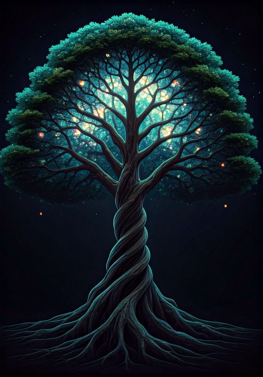 Ethereal Tree Illuminated by Celestial Orbs