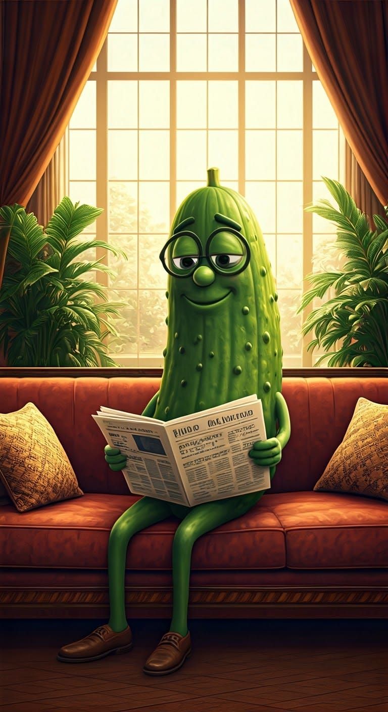 Anthropomorphic Pickle Reading Newspaper, Vintage Illustrati...