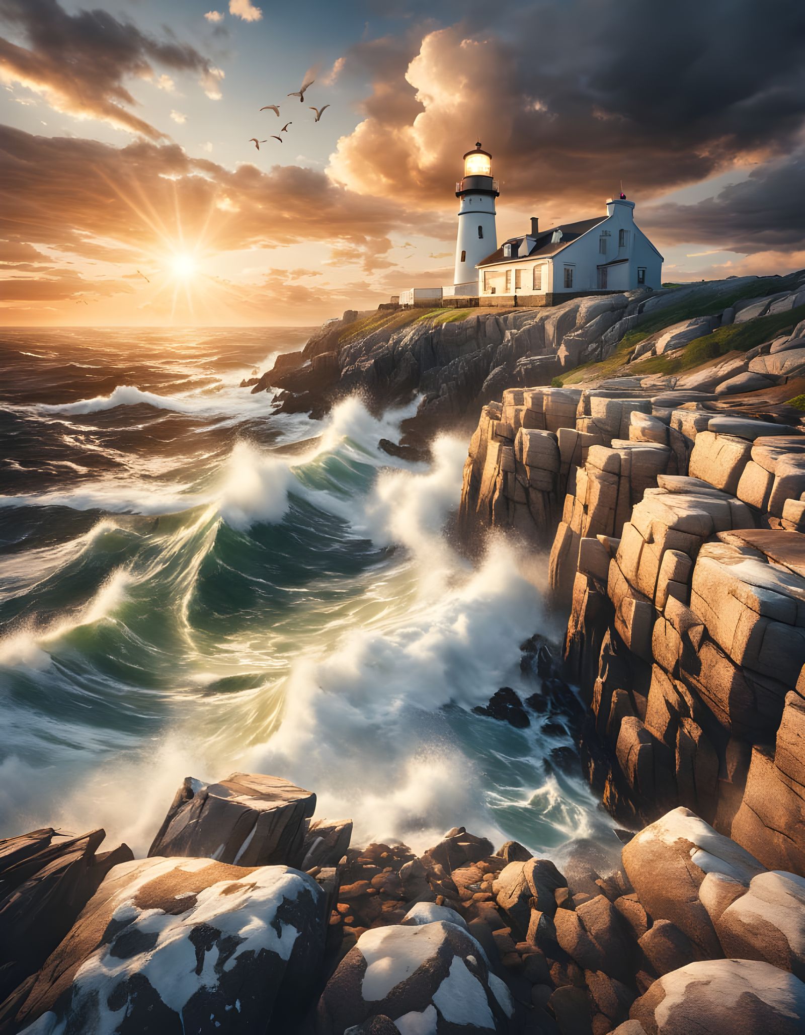 Dramatic Sunrise at Lighthouse on Rocky Coast