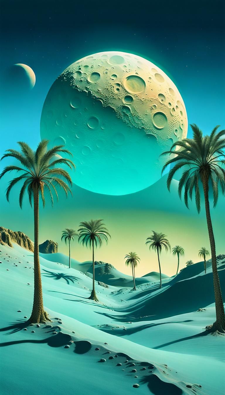 Surreal Lunar Landscape with Palm Trees