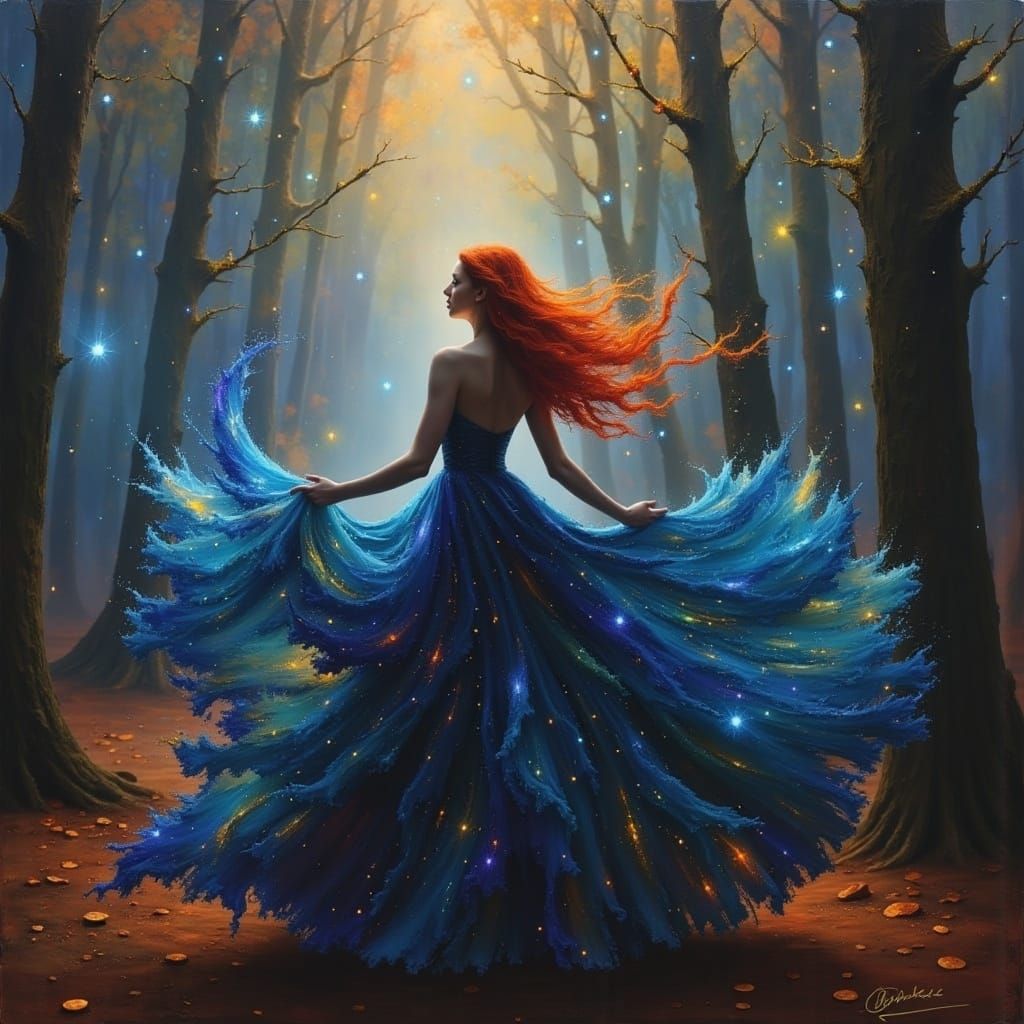 Mystical Woman in a Golden Gown, Set Against an Enchanted Fo...