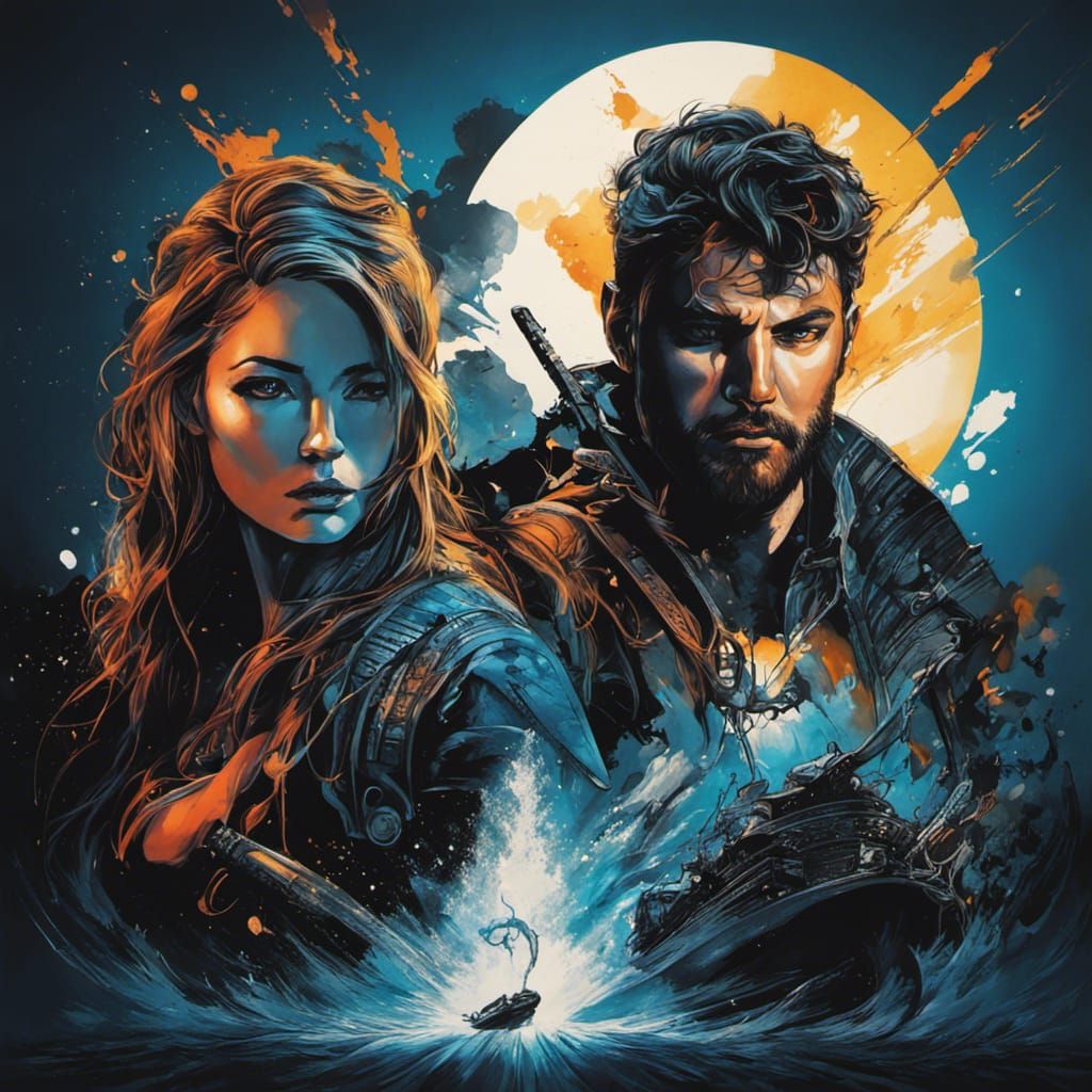 Detailed Black and White Ink Drawing with Colorful Accents