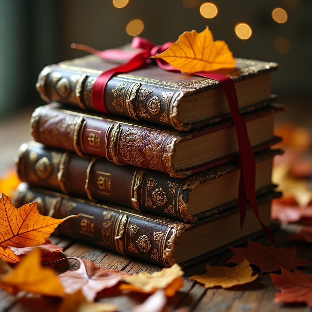Vintage Books Adorned with Autumn Leaves