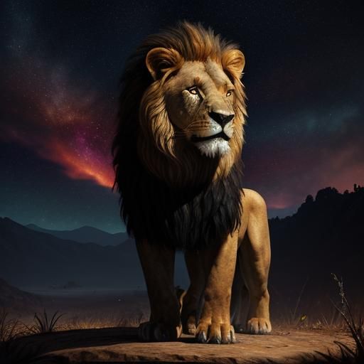 Fiery Lion Under Starry Sky, Fantasy Concept Art