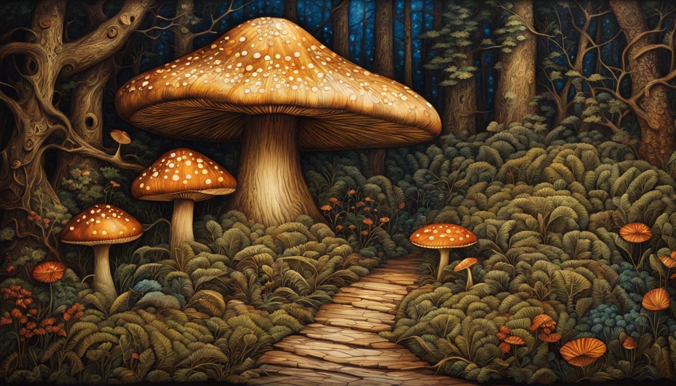 Fantasy Woodcarving Scene Under Starry Night Sky