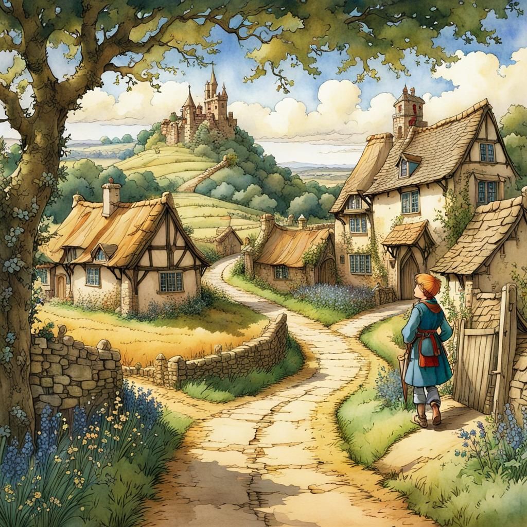 Anime Boy in Medieval Countryside Scene