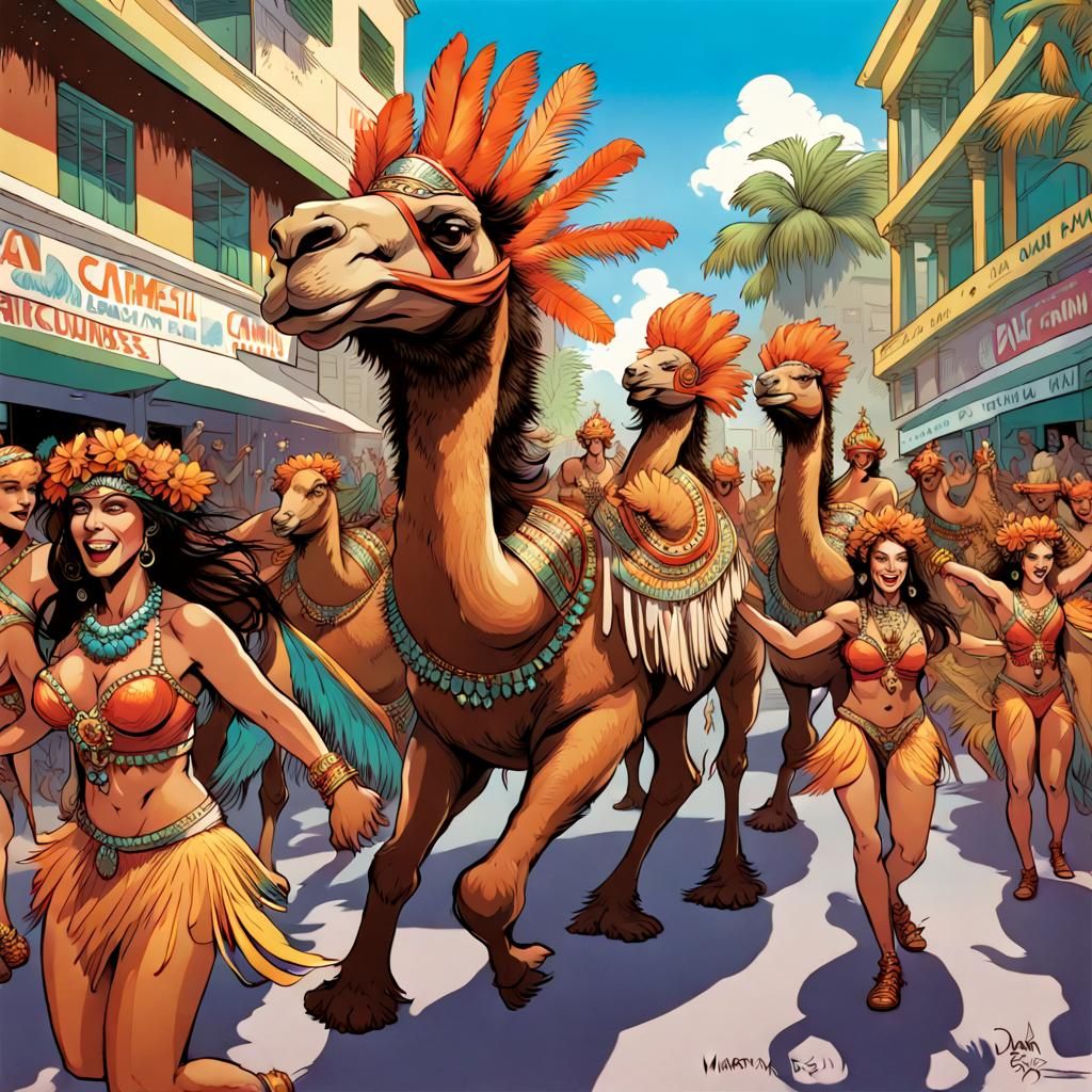 brazilian carnival parade with many happy camels, camels, camels, women dancing samba, feather headdress, Mark Brooks an...