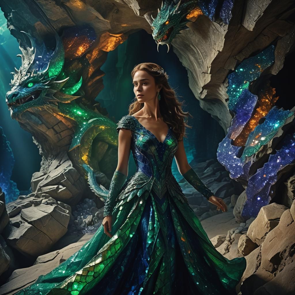 Woman in Dragon Scale Dress in Gemstone Cave