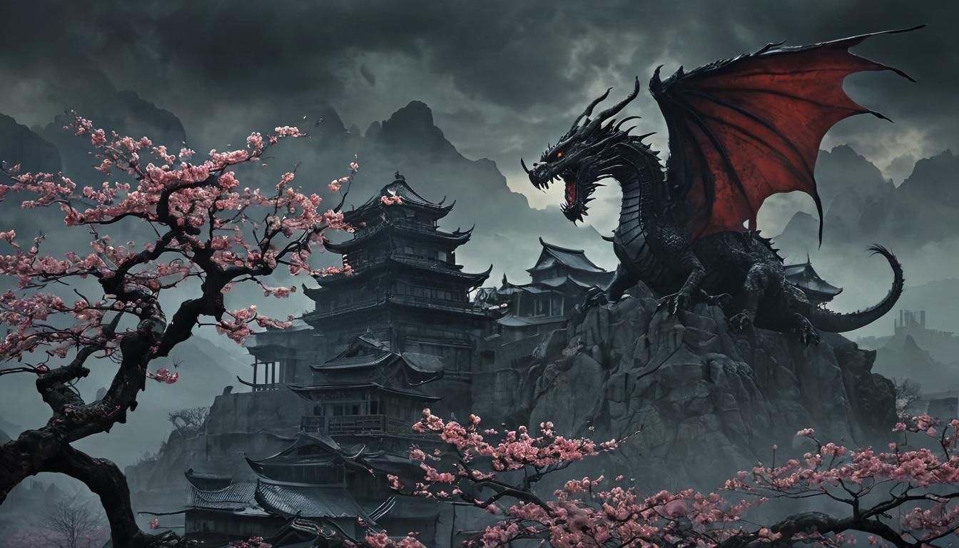 Dragon Soaring Over Ruined City in Dark Fantasy Style