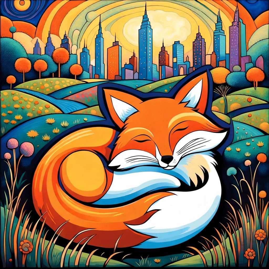 Fox in Psychedelic Cityscape, Bauhaus Art Style