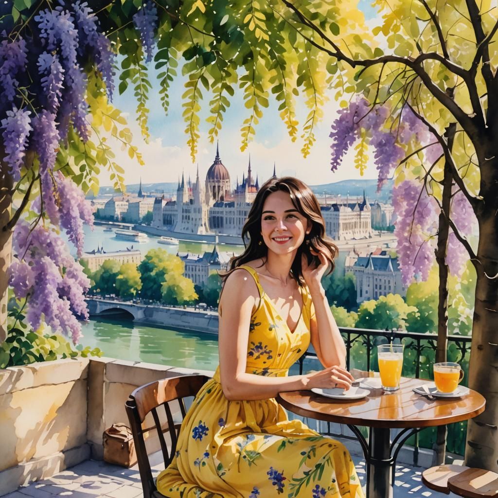 Woman in Budapest Cafe: Watercolour Summer Scene