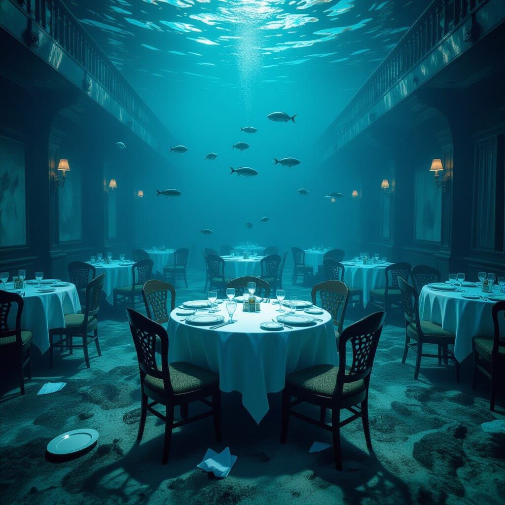 Titanic Dining Hall Submerged in Eerie Ocean Depths