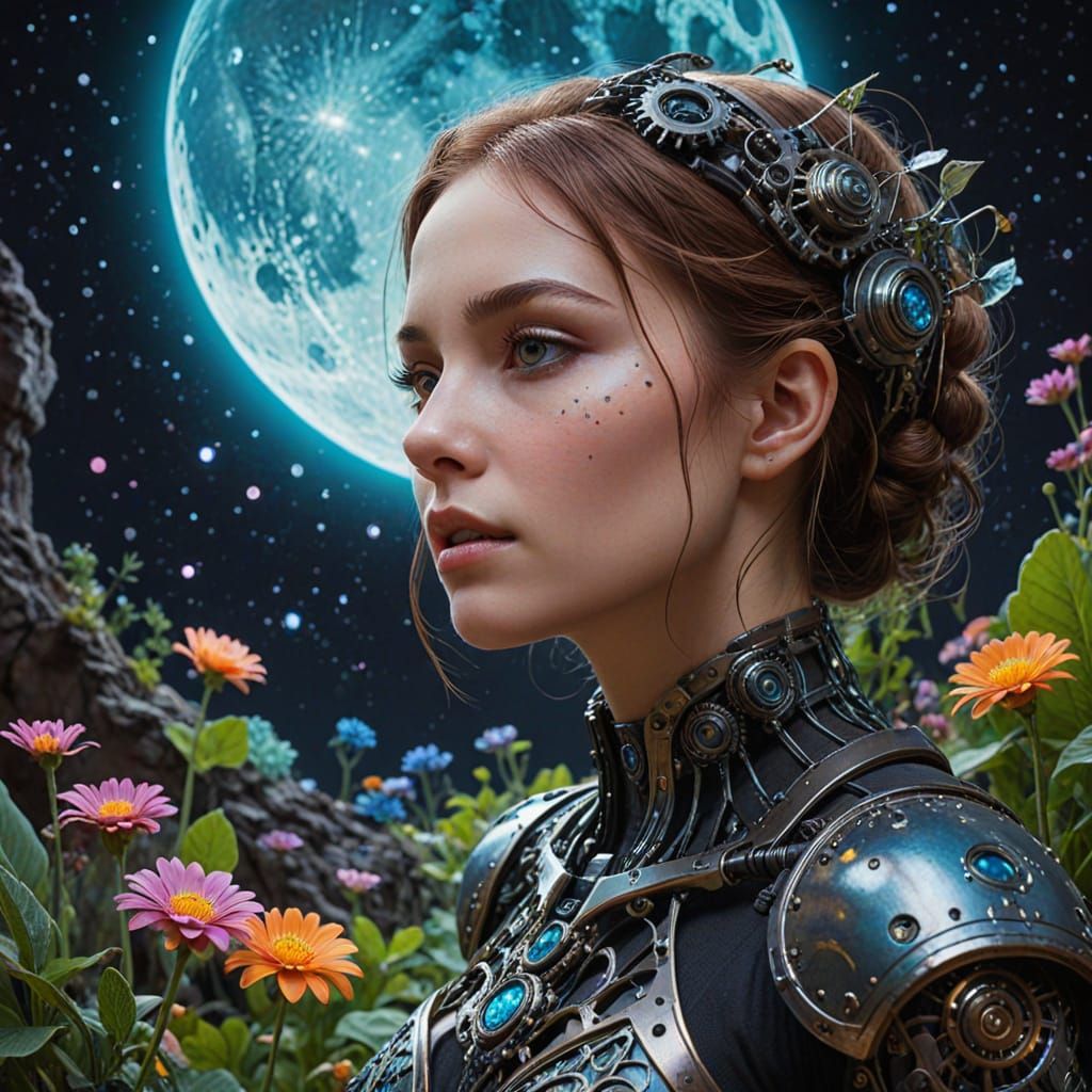 Automaton Tends Bioluminescent Garden on Alien Moon