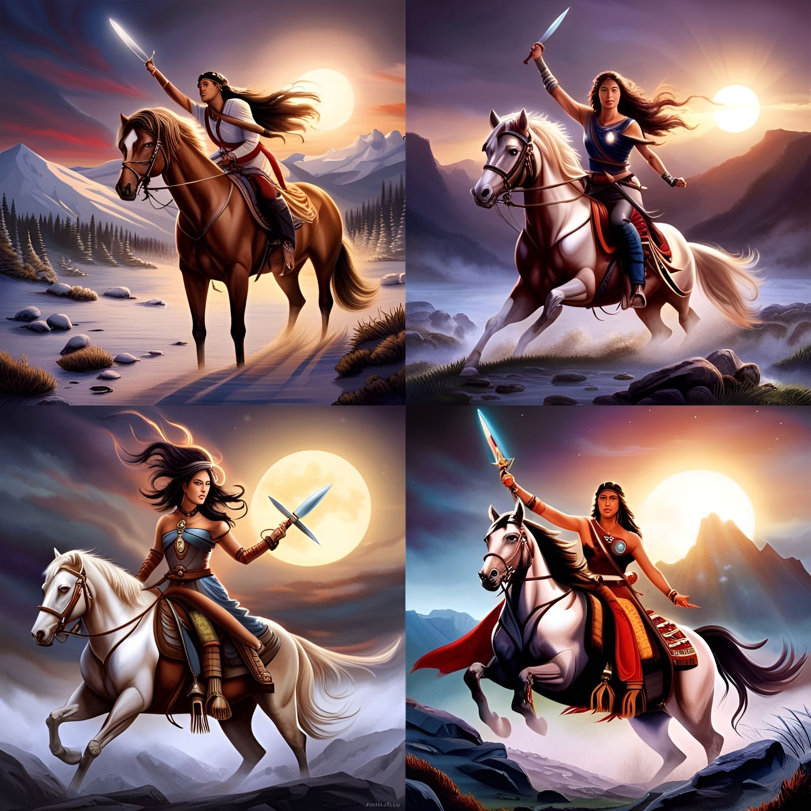 Women Warriors on Horses with Glowing Swords
