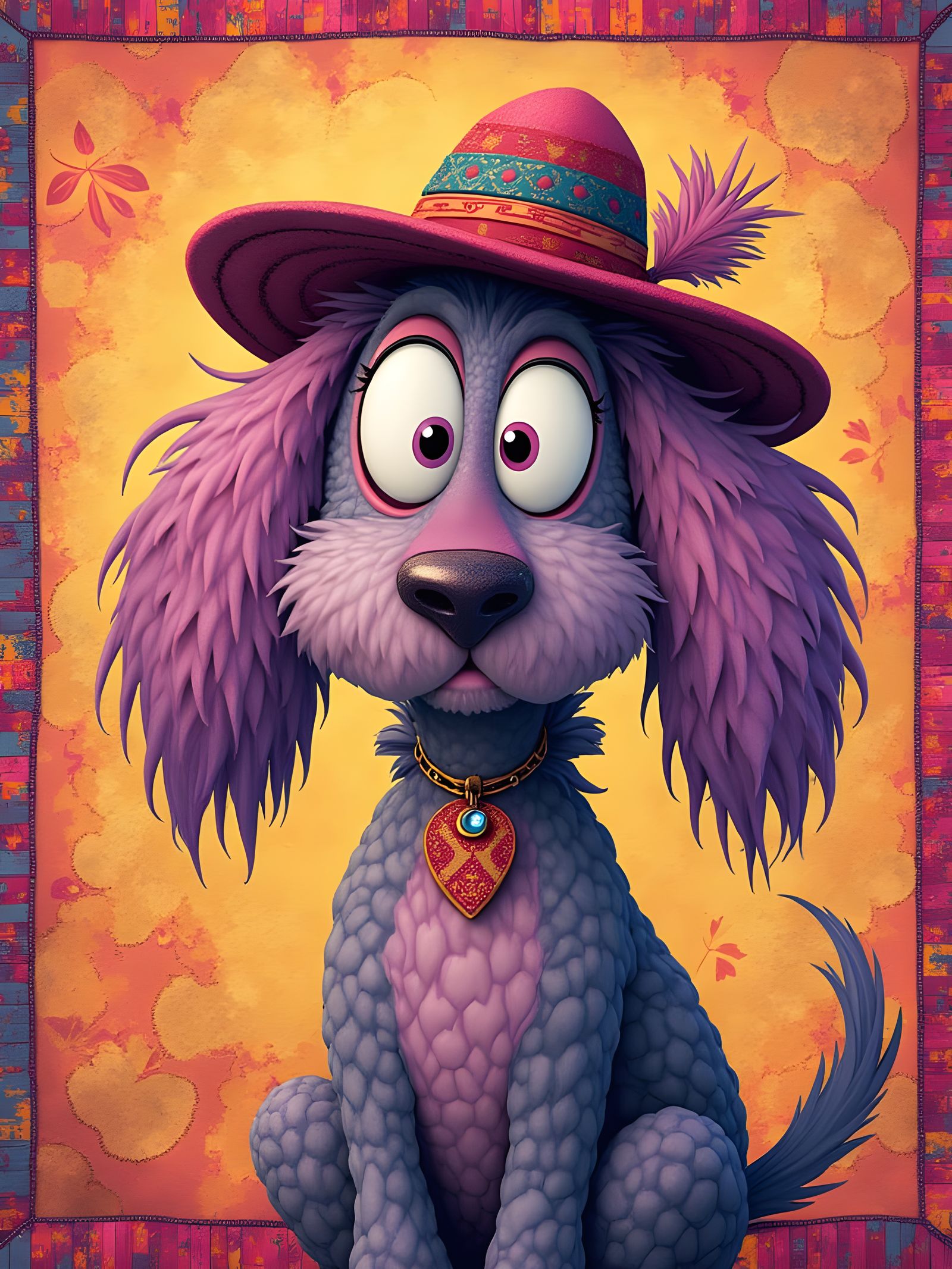 Cartoon Dog in Colorful Hat with Folk Art Background