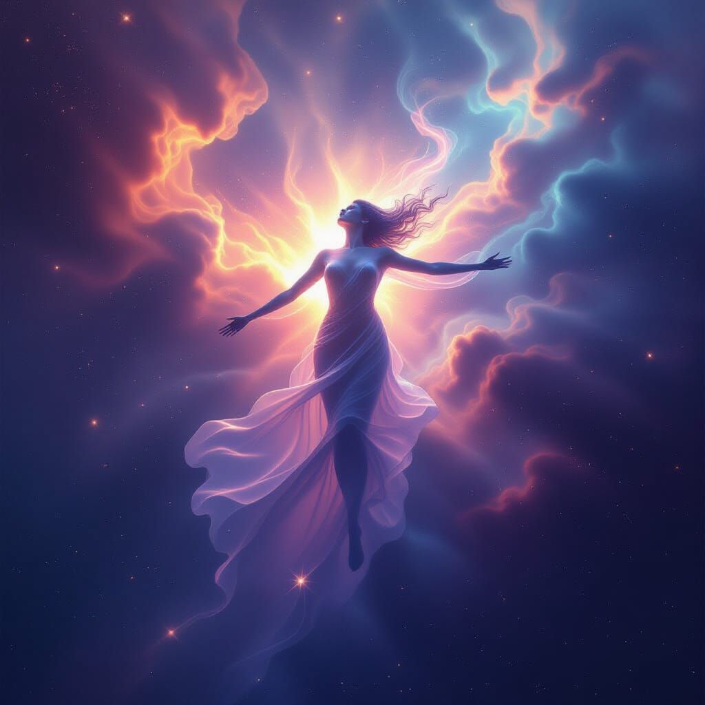 Ethereal Starlight Figure in Cosmic Nebula