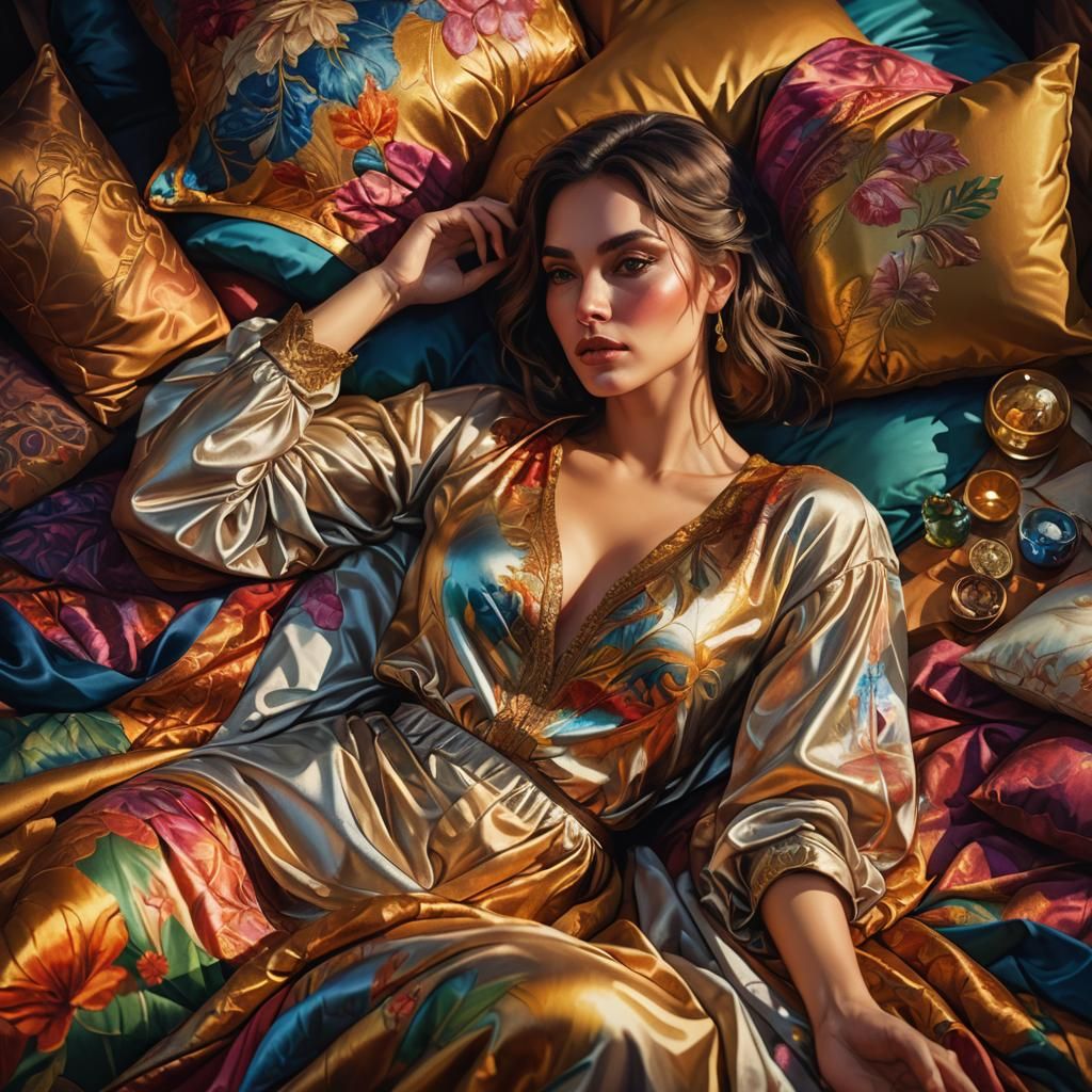 Woman on Bed in Vibrant Oil Painting Style