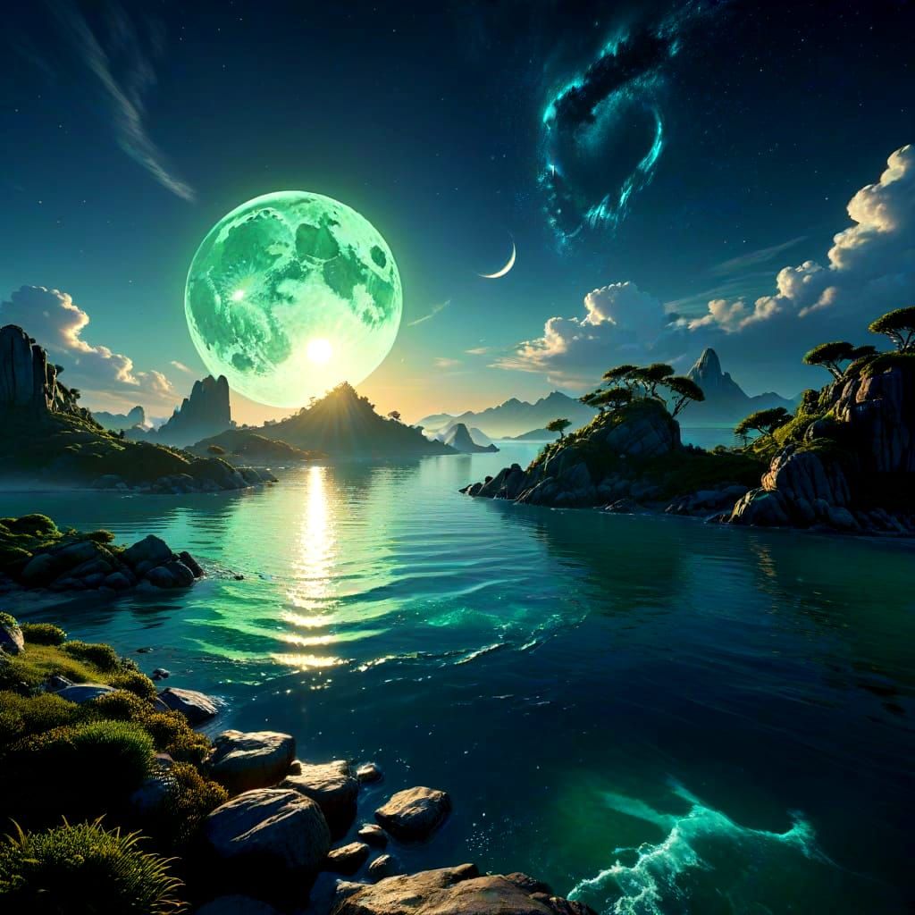 Lush Green Archipelago Under a Starry Sky