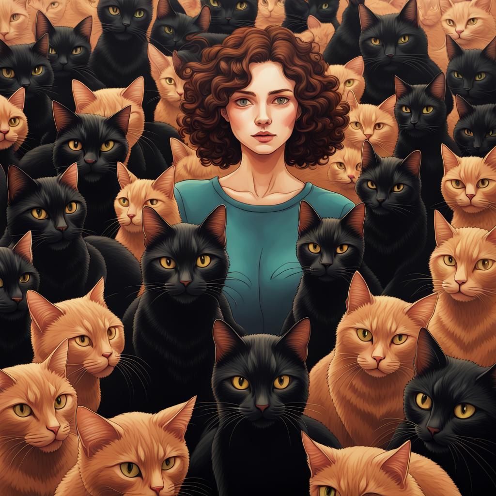 Black Cats Surround Woman: Intricate Acrylic Art