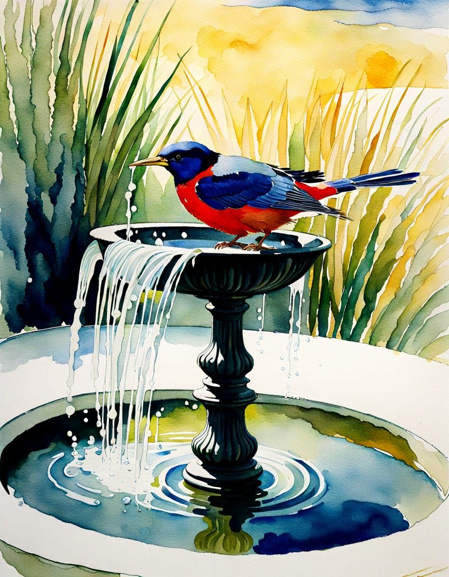 Bird Bathing in Fountain: Watercolor Style