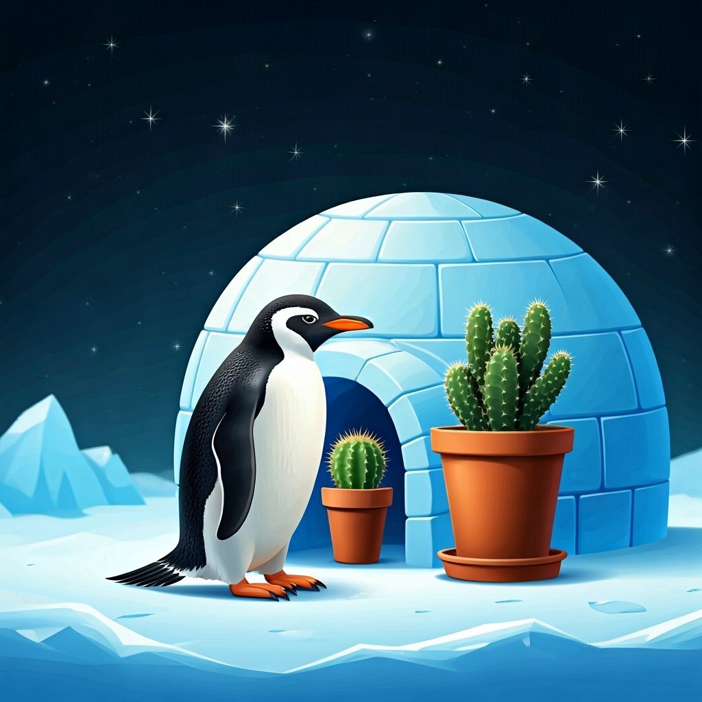 Penguin Tending Cactus in Igloo