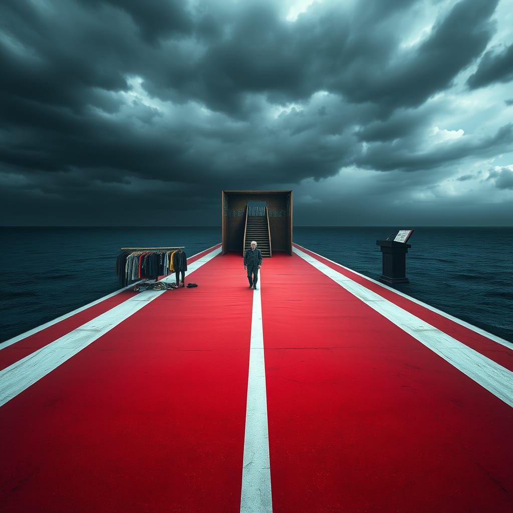 Surreal Underwater Runway with Eyes and Biomechanical Figure...