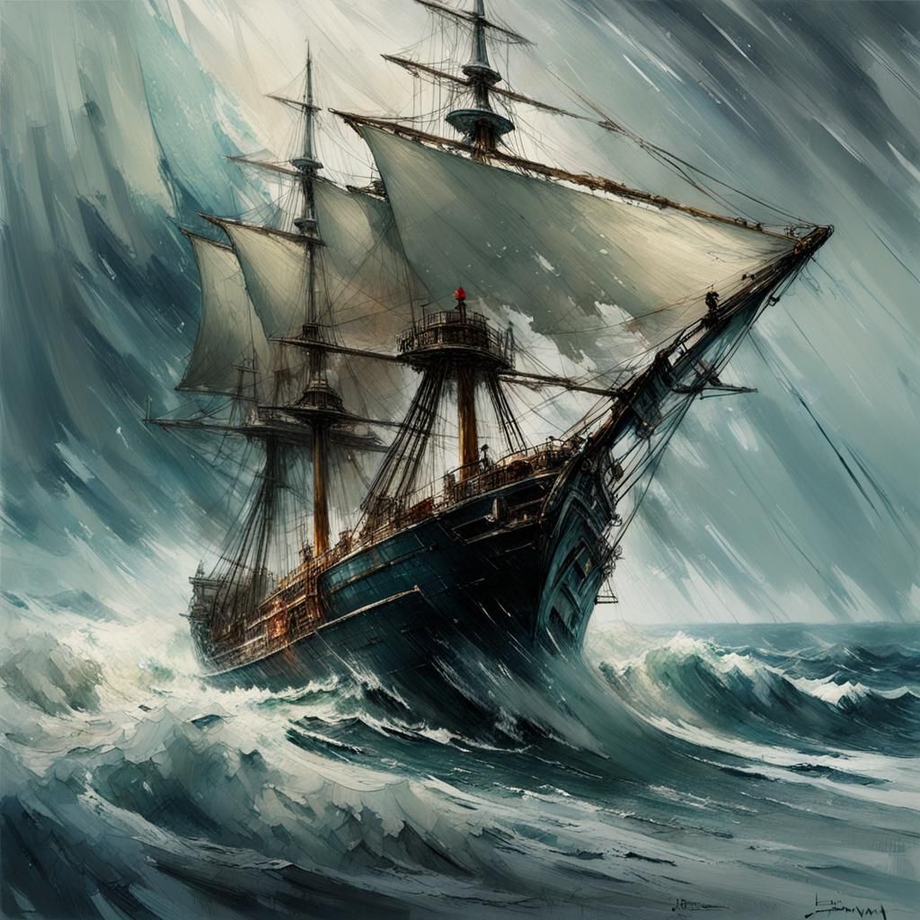 Schooner in Torrential Typhoon: Detailed 8k Art