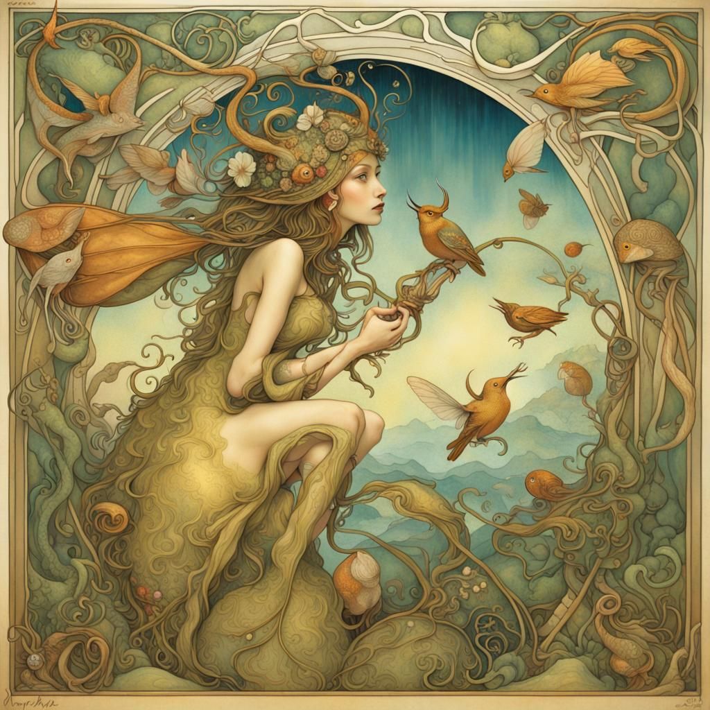 Fantastical Creature Inspired by Art Nouveau and Surrealism