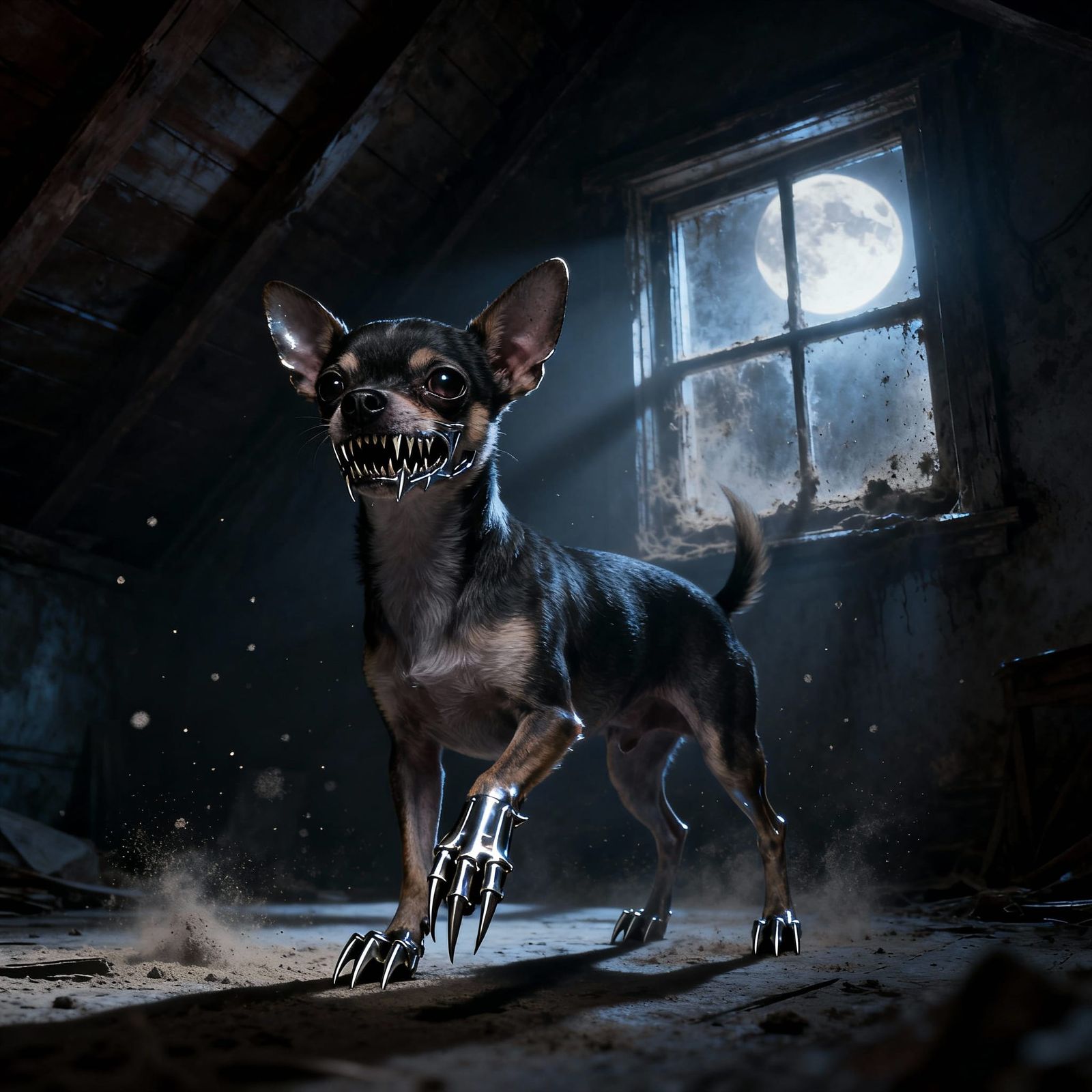 Fierce Chihuahua with Metallic Teeth in Attic Shadows