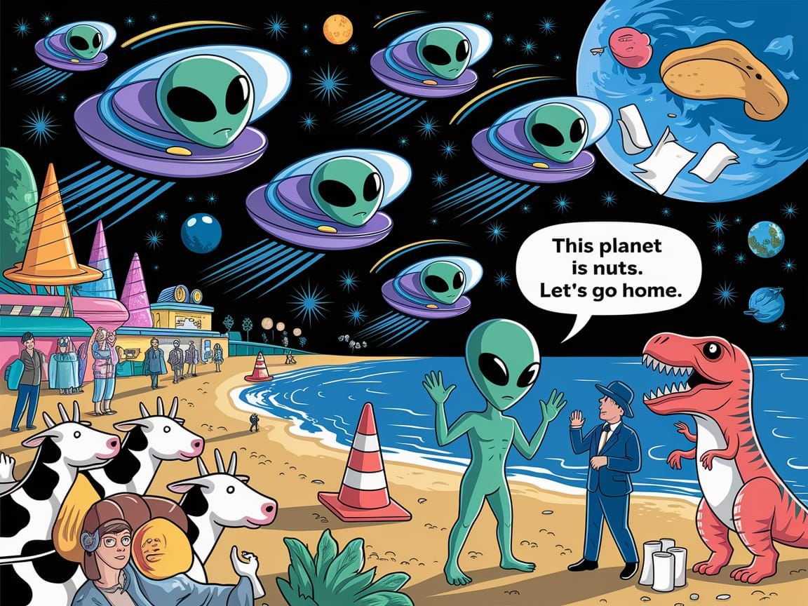 Humorous Alien First Contact Scene with Neon Lights