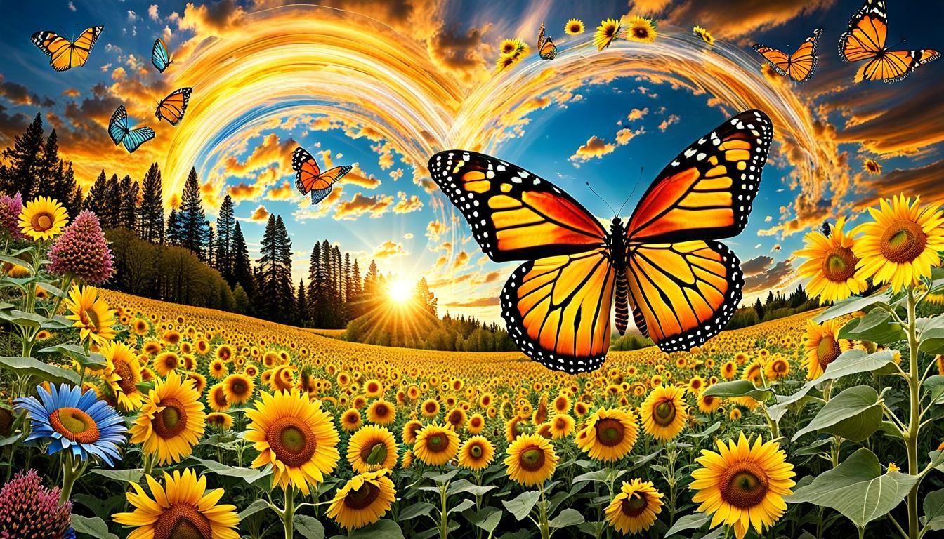 Butterfly and Sunflower Field Digital Art