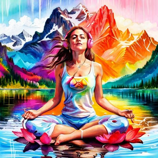 Girl Meditating with Headphones in Dreamy Landscape