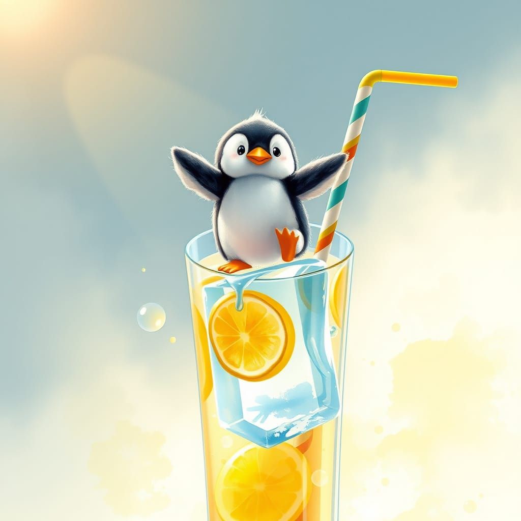 Whimsical Penguin Surfs Lemonade Wave