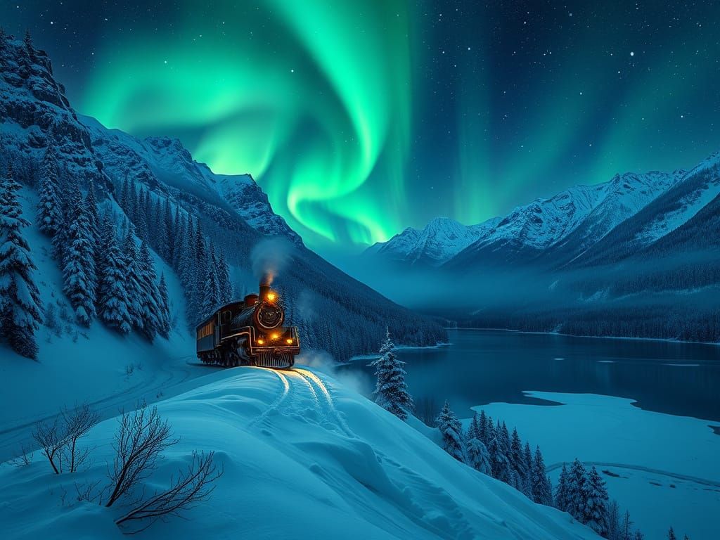 Cinematic Winter Train Journey Under Canadian Aurora