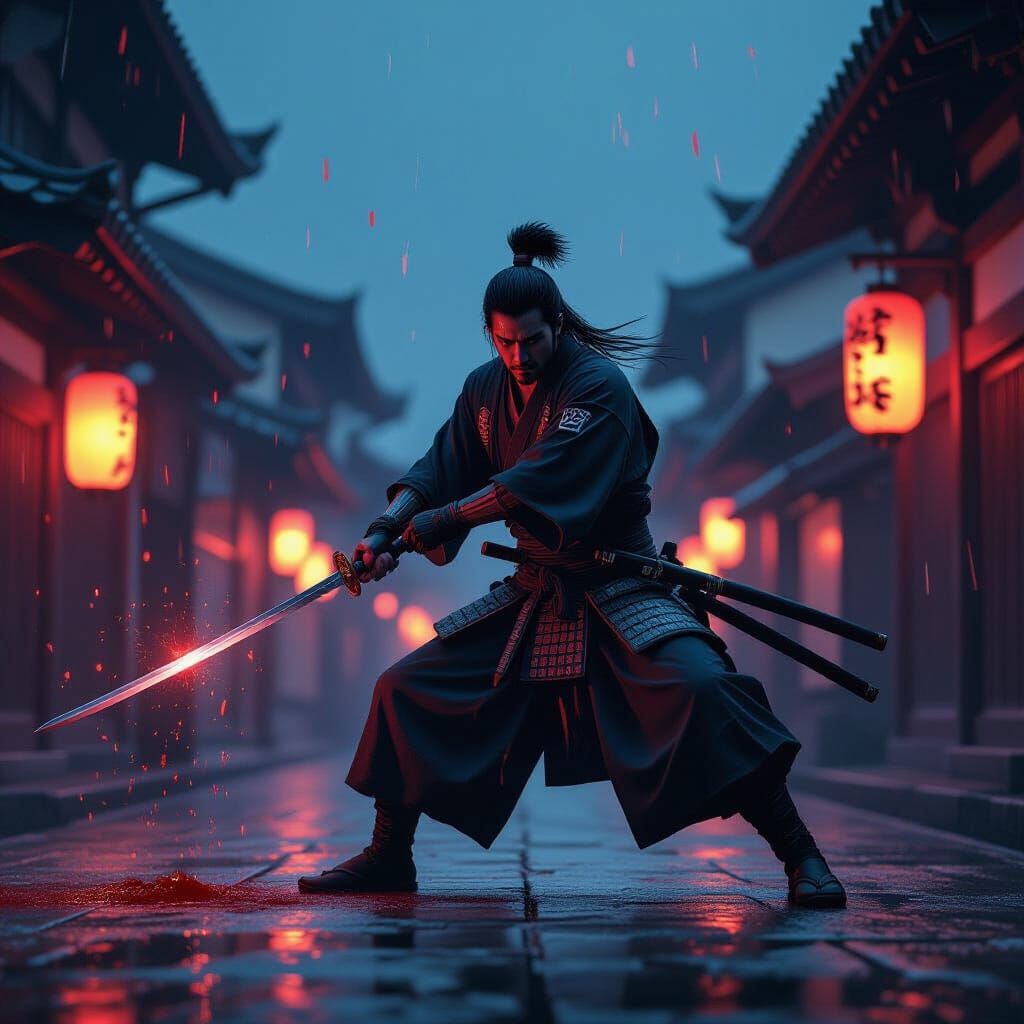 Samurai Delivers Final Blow in Rainy Japanese District