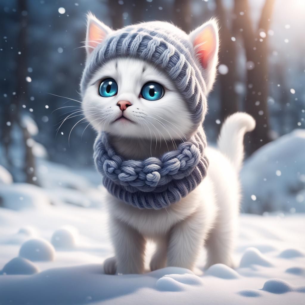 Kitten in Beanie Stands in Snow: Matte Painting